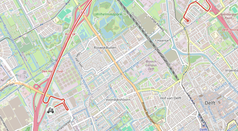 Kaart van de omgeving van de melding, met de kazerne die is gealarmeerd