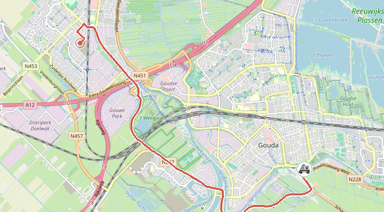 Kaart van de omgeving van de melding, met de kazerne die is gealarmeerd