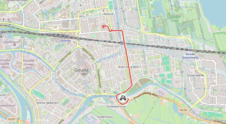 Kaart van de omgeving van de melding, met de kazerne die is gealarmeerd