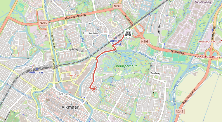 Kaart van de omgeving van de melding, met de kazerne die is gealarmeerd