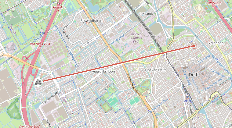 Kaart van de omgeving van de melding, met de kazerne die is gealarmeerd