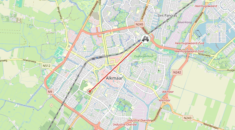 Kaart van de omgeving van de melding, met de kazerne die is gealarmeerd