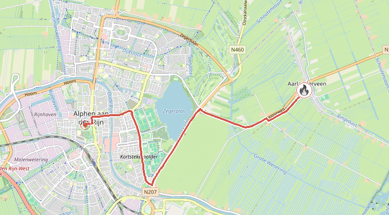 Kaart van de omgeving van de melding, met de kazerne die is gealarmeerd