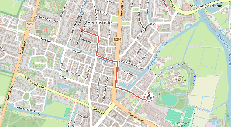 Kaart van de omgeving van de melding, met de kazerne die is gealarmeerd