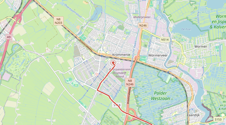 Kaart van de omgeving van de melding, met de kazerne die is gealarmeerd