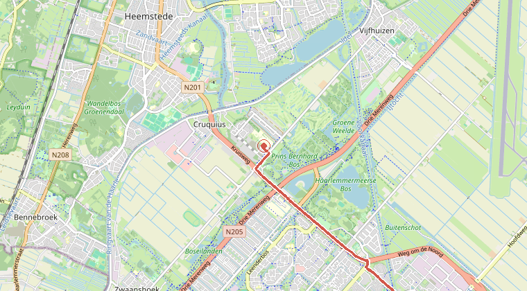 Kaart van de omgeving van de melding, met de kazerne die is gealarmeerd