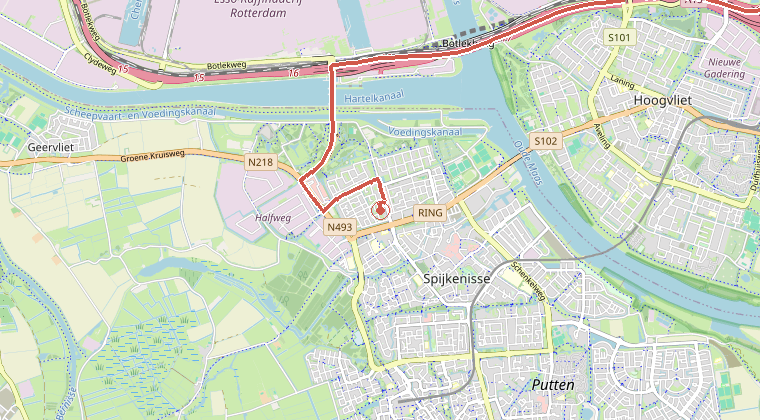 Kaart van de omgeving van de melding, met de kazerne die is gealarmeerd