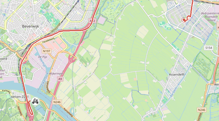 Kaart van de omgeving van de melding, met de kazerne die is gealarmeerd