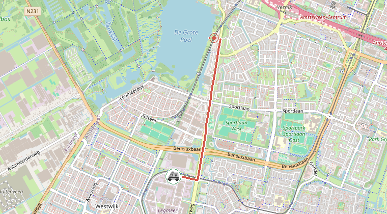 Kaart van de omgeving van de melding, met de kazerne die is gealarmeerd