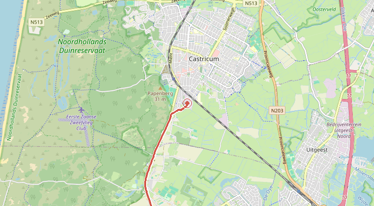 Kaart van de omgeving van de melding, met de kazerne die is gealarmeerd