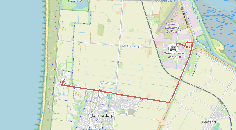 Kaart van de omgeving van de melding, met de kazerne die is gealarmeerd