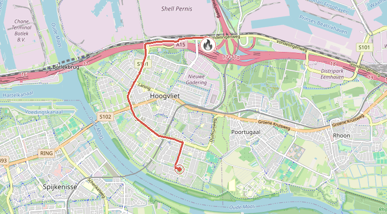 Kaart van de omgeving van de melding, met de kazerne die is gealarmeerd