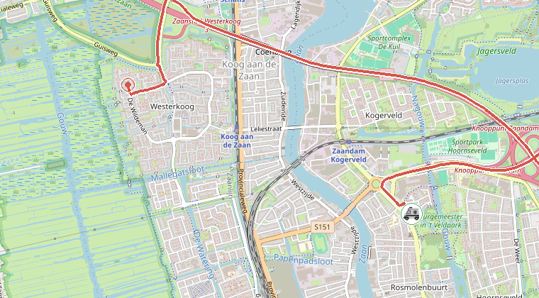 Kaart van de omgeving van de melding, met de kazerne die is gealarmeerd