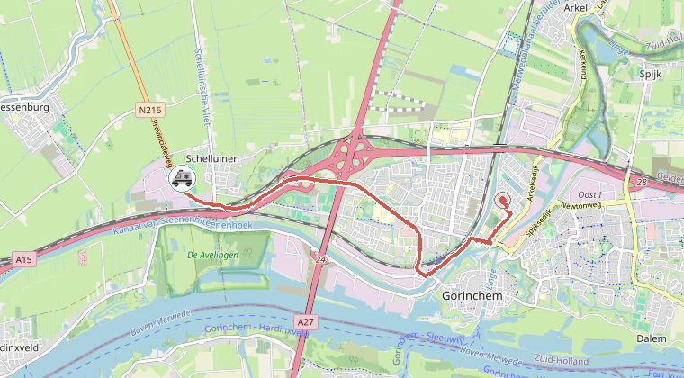 Kaart van de omgeving van de melding, met de kazerne die is gealarmeerd