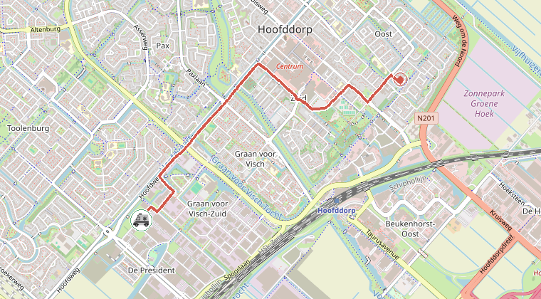 Kaart van de omgeving van de melding, met de kazerne die is gealarmeerd