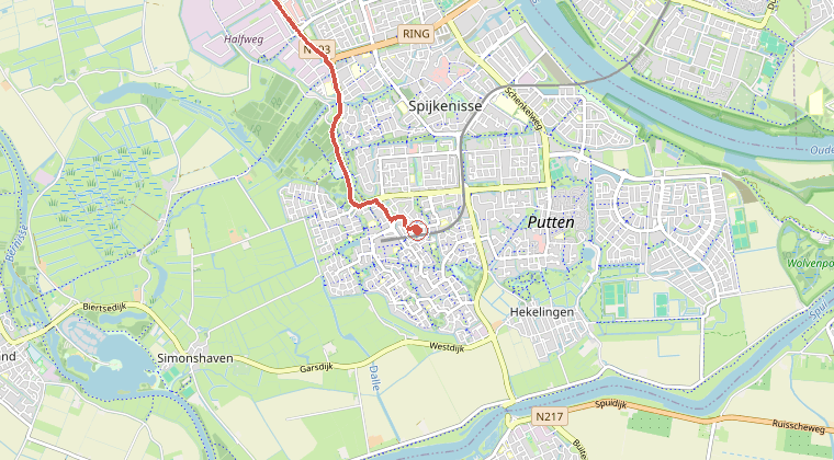Kaart van de omgeving van de melding, met de kazerne die is gealarmeerd