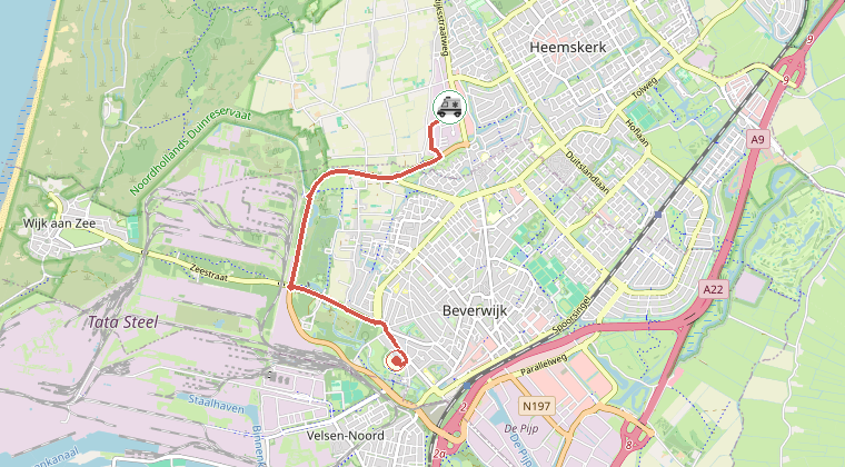 Kaart van de omgeving van de melding, met de kazerne die is gealarmeerd