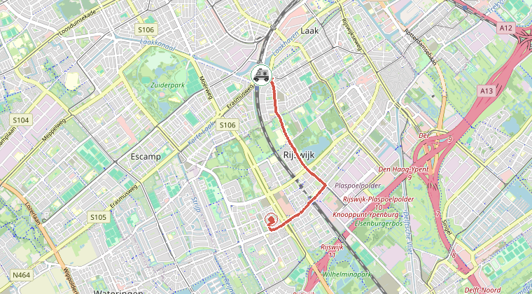 Kaart van de omgeving van de melding, met de kazerne die is gealarmeerd