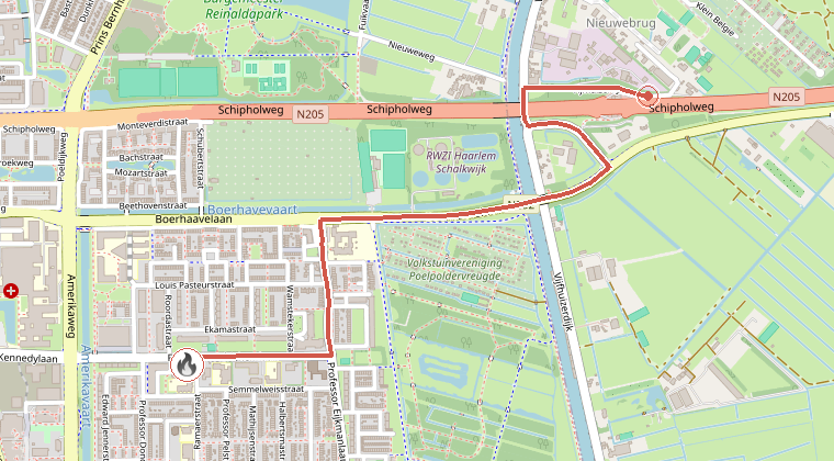 Kaart van de omgeving van de melding, met de kazerne die is gealarmeerd