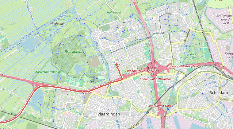 Kaart van de omgeving van de melding, met de kazerne die is gealarmeerd