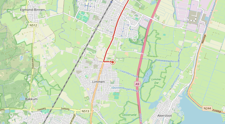 Kaart van de omgeving van de melding, met de kazerne die is gealarmeerd