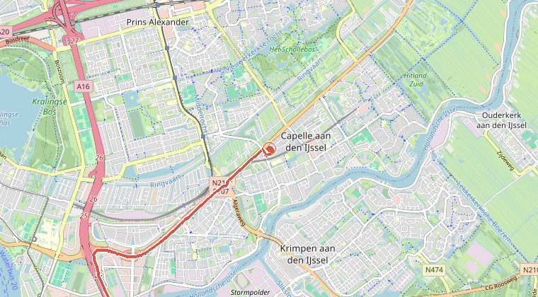 Kaart van de omgeving van de melding, met de kazerne die is gealarmeerd