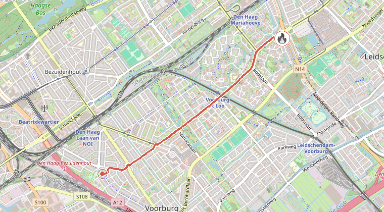 Kaart van de omgeving van de melding, met de kazerne die is gealarmeerd