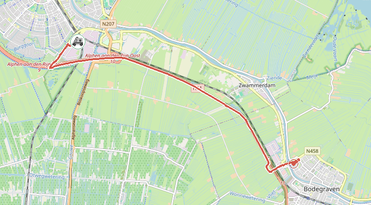 Kaart van de omgeving van de melding, met de kazerne die is gealarmeerd