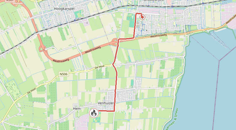 Kaart van de omgeving van de melding, met de kazerne die is gealarmeerd