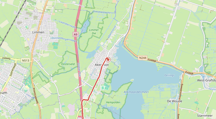 Kaart van de omgeving van de melding, met de kazerne die is gealarmeerd