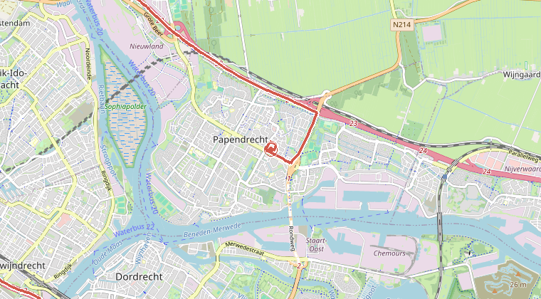 Kaart van de omgeving van de melding, met de kazerne die is gealarmeerd