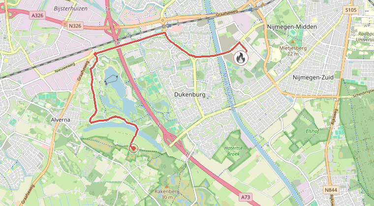 Kaart van de omgeving van de melding, met de kazerne die is gealarmeerd