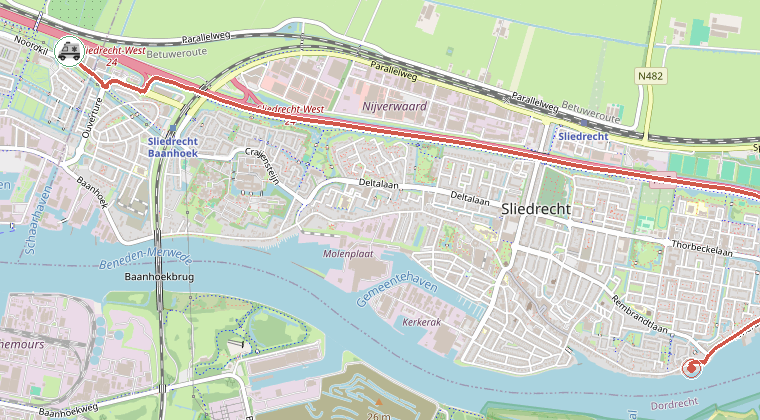 Kaart van de omgeving van de melding, met de kazerne die is gealarmeerd