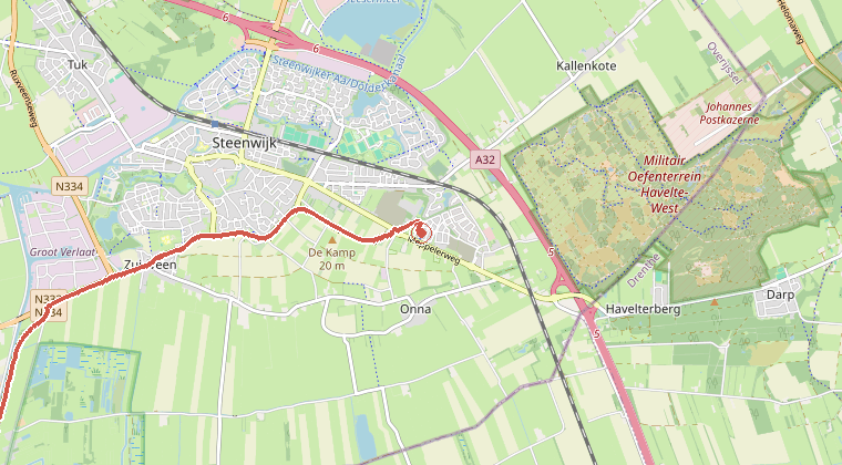 Kaart van de omgeving van de melding, met de kazerne die is gealarmeerd