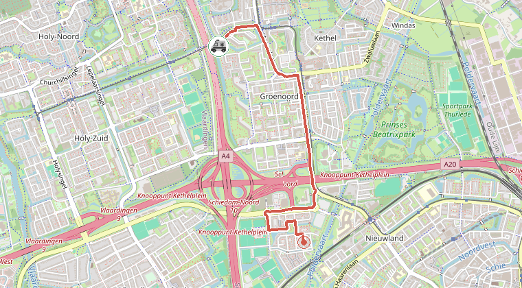 Kaart van de omgeving van de melding, met de kazerne die is gealarmeerd