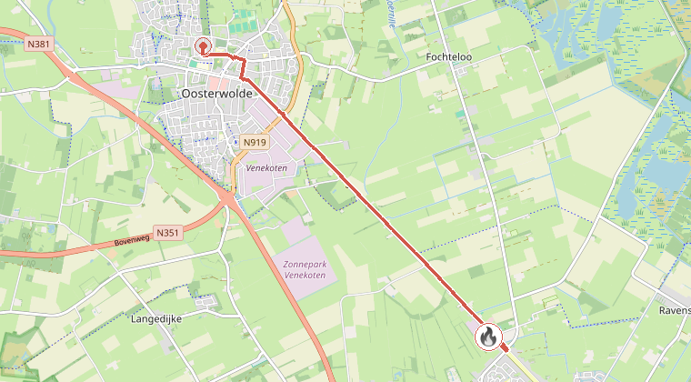 Kaart van de omgeving van de melding, met de kazerne die is gealarmeerd