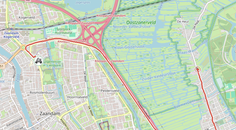 Kaart van de omgeving van de melding, met de kazerne die is gealarmeerd