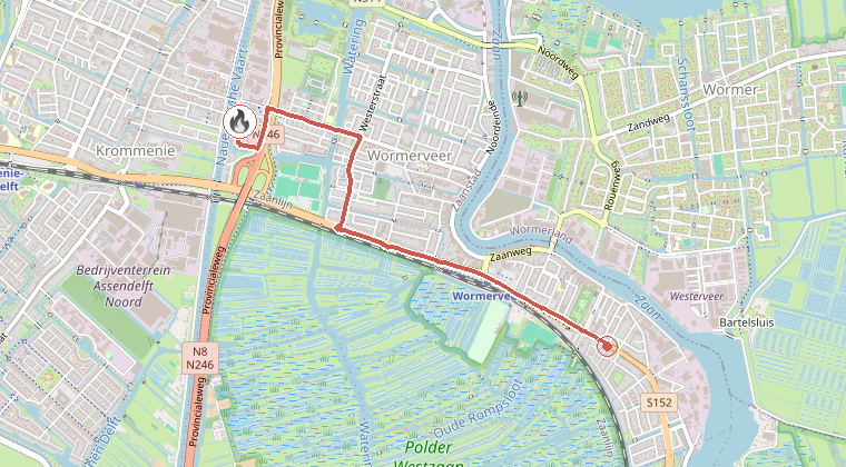 Kaart van de omgeving van de melding, met de kazerne die is gealarmeerd