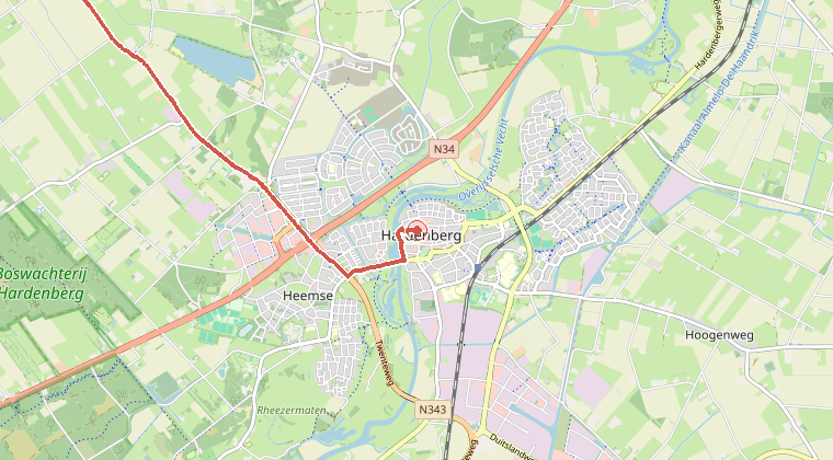 Kaart van de omgeving van de melding, met de kazerne die is gealarmeerd