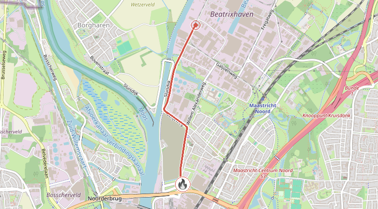 Kaart van de omgeving van de melding, met de kazerne die is gealarmeerd