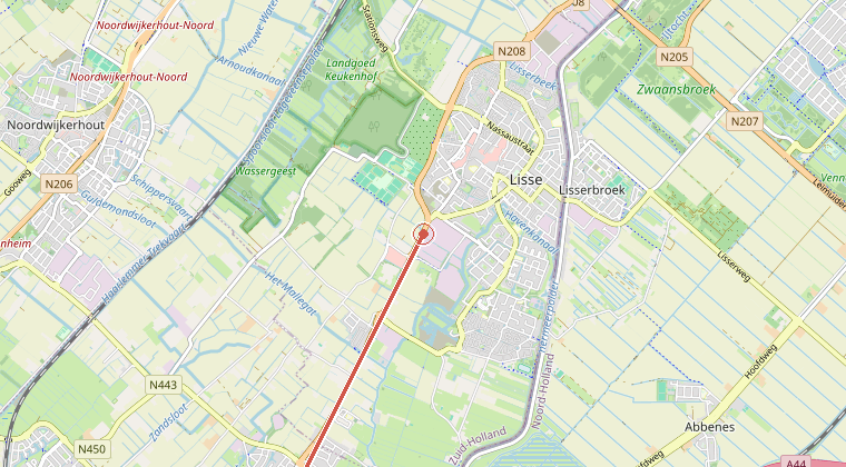 Kaart van de omgeving van de melding, met de kazerne die is gealarmeerd