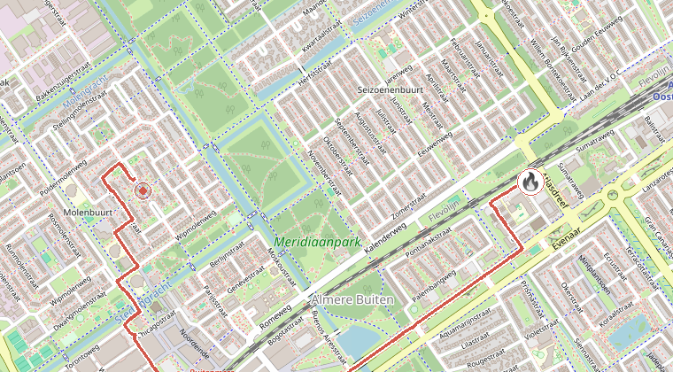 Kaart van de omgeving van de melding, met de kazerne die is gealarmeerd