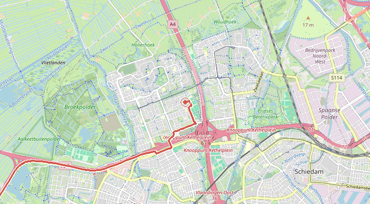 Kaart van de omgeving van de melding, met de kazerne die is gealarmeerd