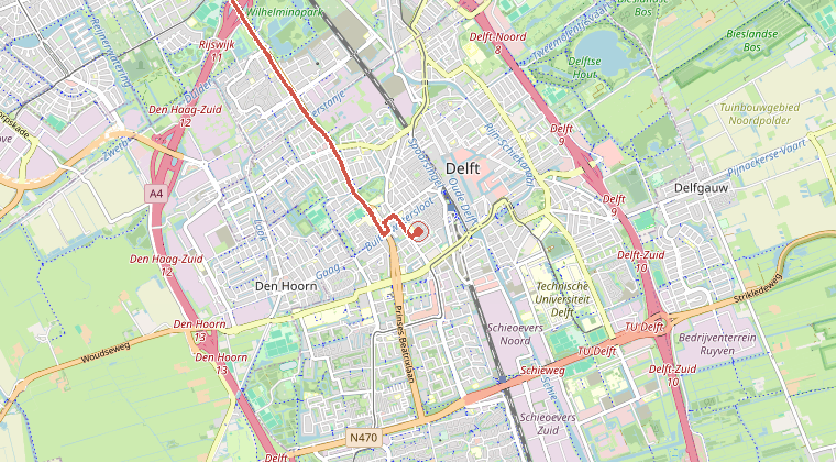 Kaart van de omgeving van de melding, met de kazerne die is gealarmeerd