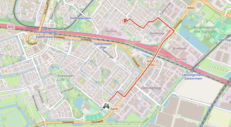 Kaart van de omgeving van de melding, met de kazerne die is gealarmeerd