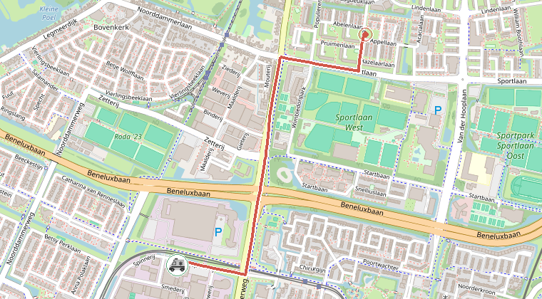 Kaart van de omgeving van de melding, met de kazerne die is gealarmeerd