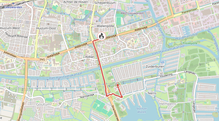 Kaart van de omgeving van de melding, met de kazerne die is gealarmeerd