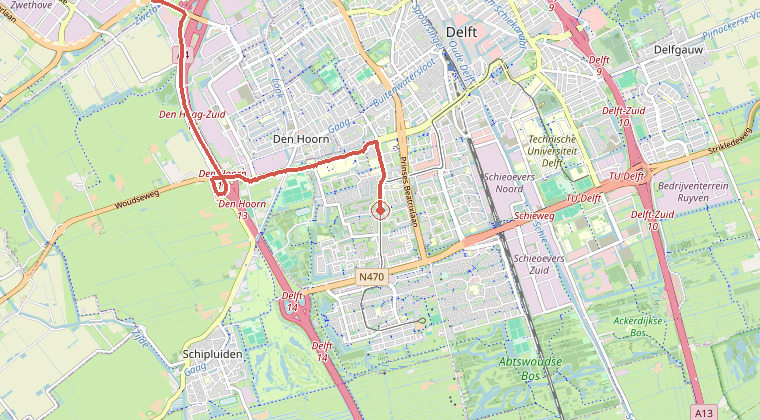 Kaart van de omgeving van de melding, met de kazerne die is gealarmeerd