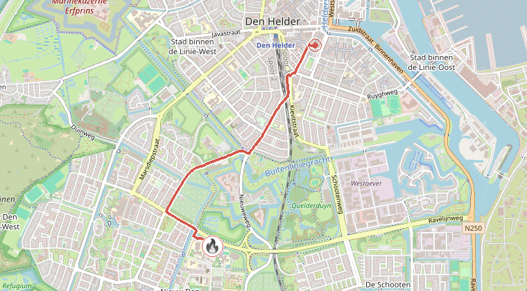 Kaart van de omgeving van de melding, met de kazerne die is gealarmeerd