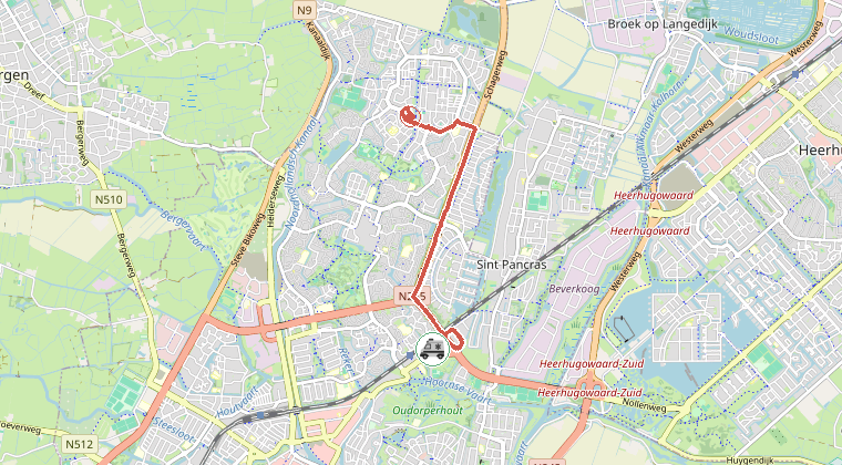 Kaart van de omgeving van de melding, met de kazerne die is gealarmeerd